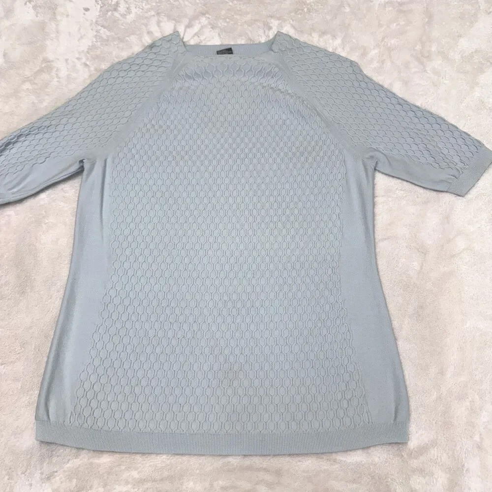 Per Se Women Light Blue Cotton Blend Textured Knit Short Sleeve Sweater Top Sz M